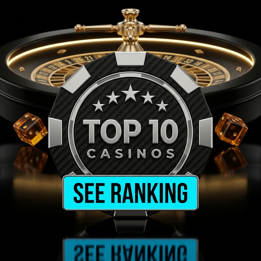 Top 10 Casinos chip with roulette wheel and amber dice on a reflective black surface
